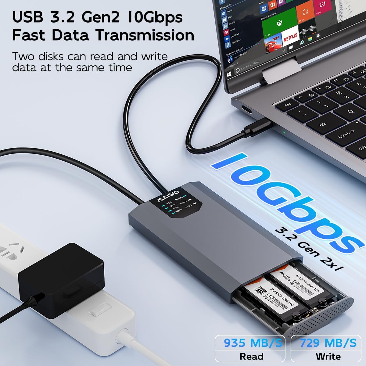 MAIWO Dual-Bay M.2 SSD Enclosure Cloner for NVMe & SATA, USB3.2 GEN2X2 10Gbps M.2 Offline Duplicator Supports SATA to NVMe and NVMe to SATA, Dual M.2 Enclosure for SSDs Sizes 2230/2242/2260/2280