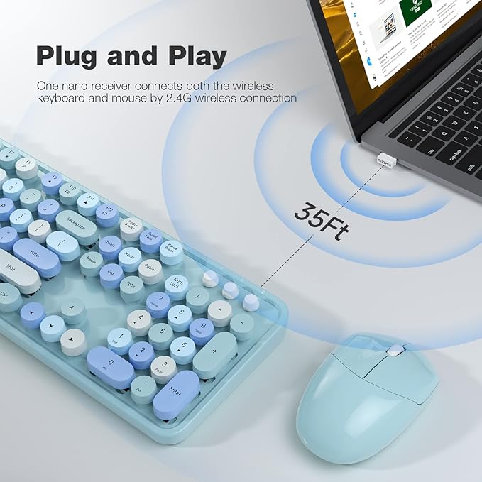 KNOWSQT Wireless Keyboard and Mouse Combo, Blue Colorful 2.4G Typewriter Full-Size Cute Keyboards - USB Receiver Plug and Play, for Computer, PC, Laptop, Desktop, Windows
