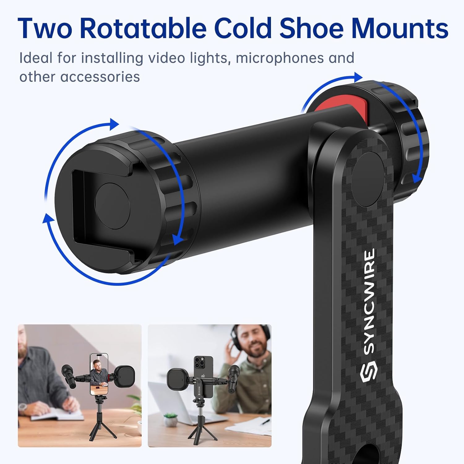 SYNCWIRE Tripod Phone Mount, Universal Smartphone Mount Adapter with 2 Cold Shoe and 1/4" Screw, 360° Rotates and 180° Tilts Adjustable Cell Phone Clamp Holder for Enhancing Mobile Photography Setup