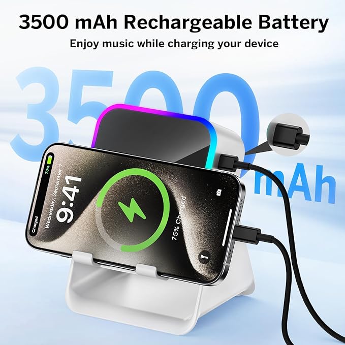 Wireless Induction Speaker 5-in-1 Bluetooth Speaker with Phone Stand,Stereo Sound, 3500mAh Rechargeable, 8 RGB Ambient Light, 360° Adjustable Holder for iPhone/Android/iPad,Gifts for Men Women (White)