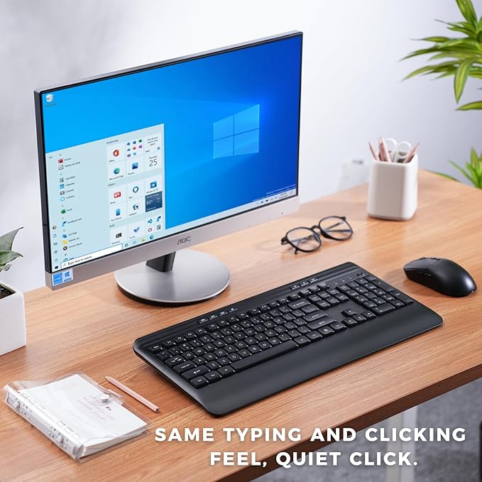 Wireless Keyboard and Mouse Set with Quiet Keys, 2.4G Full Size Ergonomic Keyboard with Wrist Rest, Protective Covers, Soft Touch Silent Design for Windows, Computer, PC and Laptop