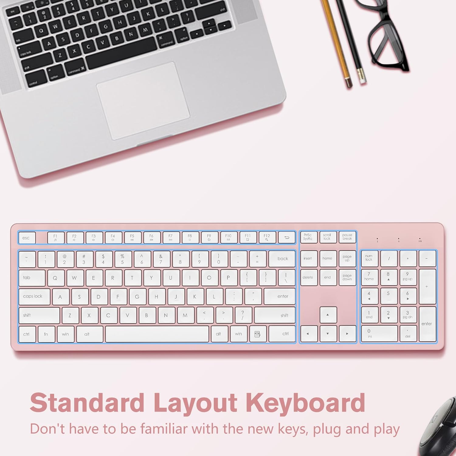 LeadsaiL Pink Wireless Keyboard, 2.4GHz Full-Sized Ergonomic Computer Keyboard, Cordless Noiseless Keyboard,12 FN Shortcuts for Windows MacOS Laptop Computer