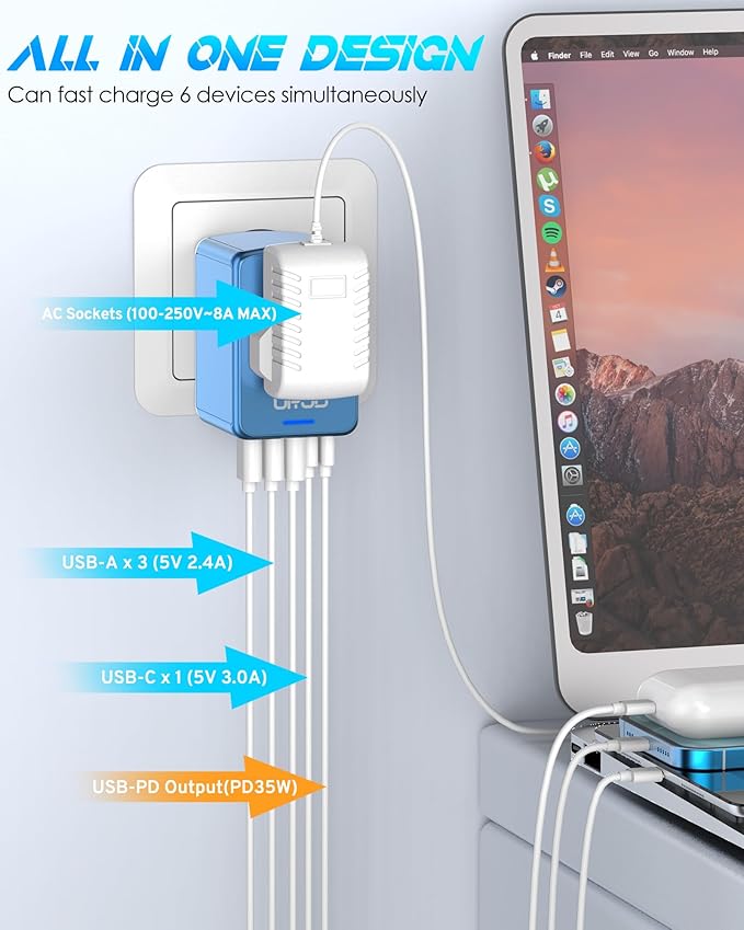 35W PD Universal Travel Adapter Fast Charging Offers 3X2.4A USB-A Ports, 2X USB-C Ports and Multi AC Outlet, International Plug Converter Worldwide Travel Charger All in One for EU US UK AUS