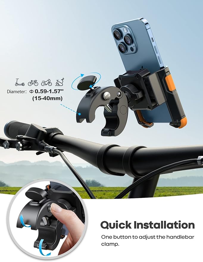 Lamicall Motorcycle Phone Mount Holder - [Camera Friendly] [1s Lock] Bike Phone Holder Handlebar Clamp, Bicycle Scooter Phone Clip, for iPhone 16 Pro Max, 15 14 13, Galaxy, 4.7-7" Phones, Orange