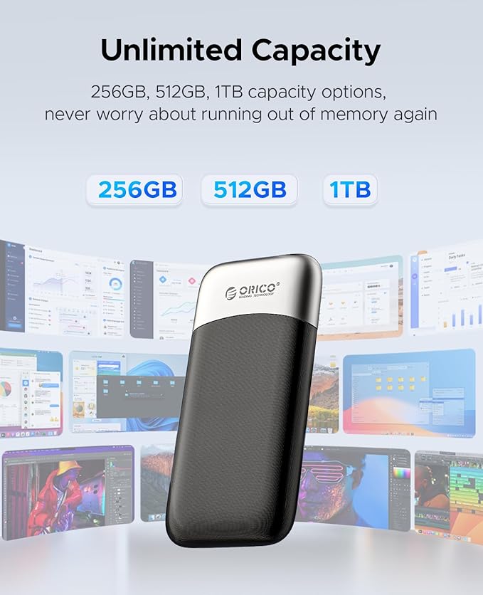 ORICO 512GB Portable SSD, Up to 1050MB/s, Compact with 2 in 1 USB C & A Cable, External Solid State Drives, Reliable Storage for USB C Smartphone, Tablet, PC - M10PRO