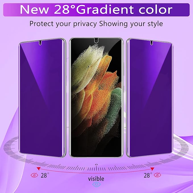 [2+2 Pack] Lesakit Anti-Blue Light Privacy Screen Protector for Samsung Galaxy S21 Ultra 6.8 inch with 2 Pack Camera Lens Protector, [Support Fingerprint ID] Anti Spy TPU Flexible Screen Protector- Purple