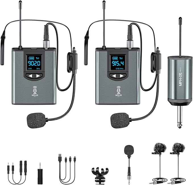 Wireless Microphone System Dual Transmitters Receiver Lavalier/Headset Mic Set Rechargeable Bodypack for PA Speaker, Camera, Video Recording, Teaching, Church, Interview