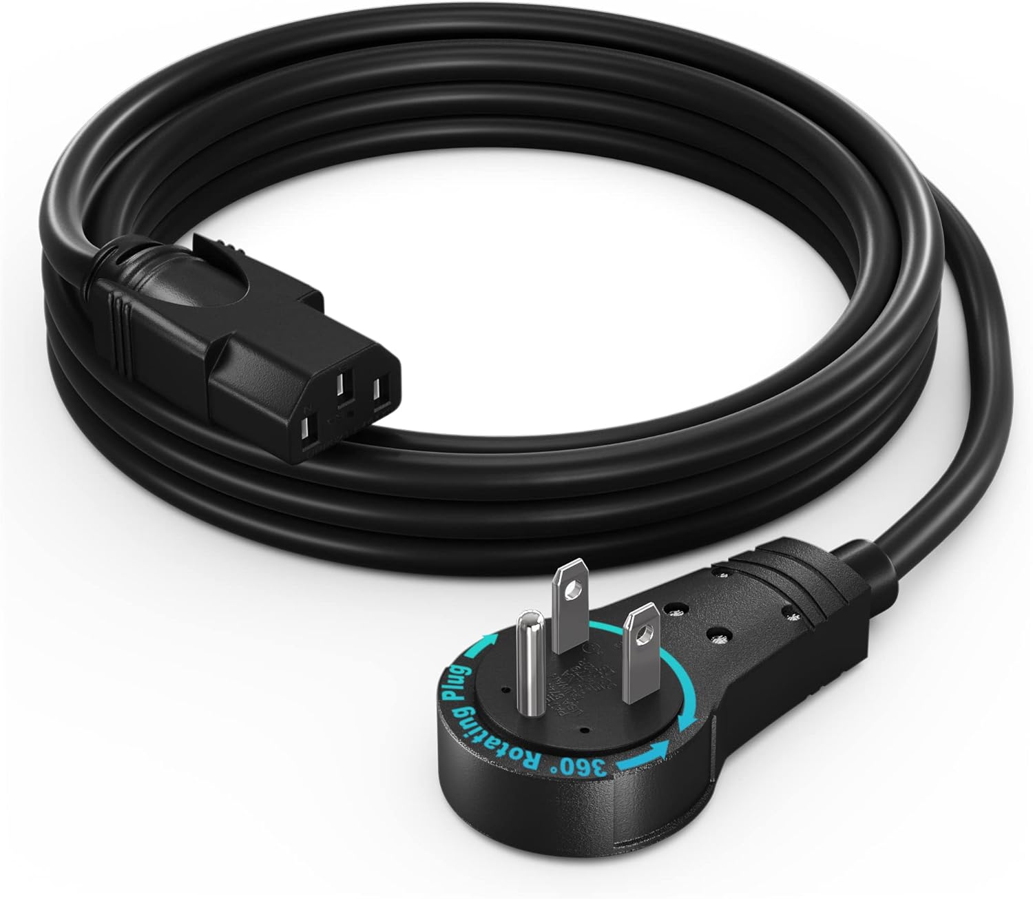 Maximm Monitor Computer Power Cord 8 Ft Flat Plug 360° Rotating PC Cable 3 Prong for, Desktop, Printer, Scanner, 16 AWG NEMA 5-15P to IEC13 - UL Certified