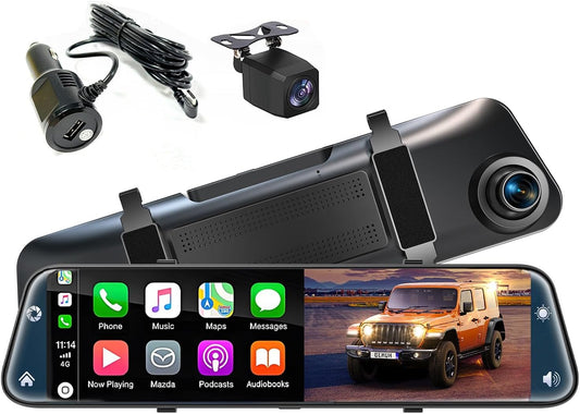 12'' Rearview Mirror Camera with CarPlay&Andorid Auto,4K Mirror Dash Cam Front and Rear Backup Camera with Reverse Assist/Loop Record/G Sensor/Voice Control&Split Touch Screen,64GB Card Included