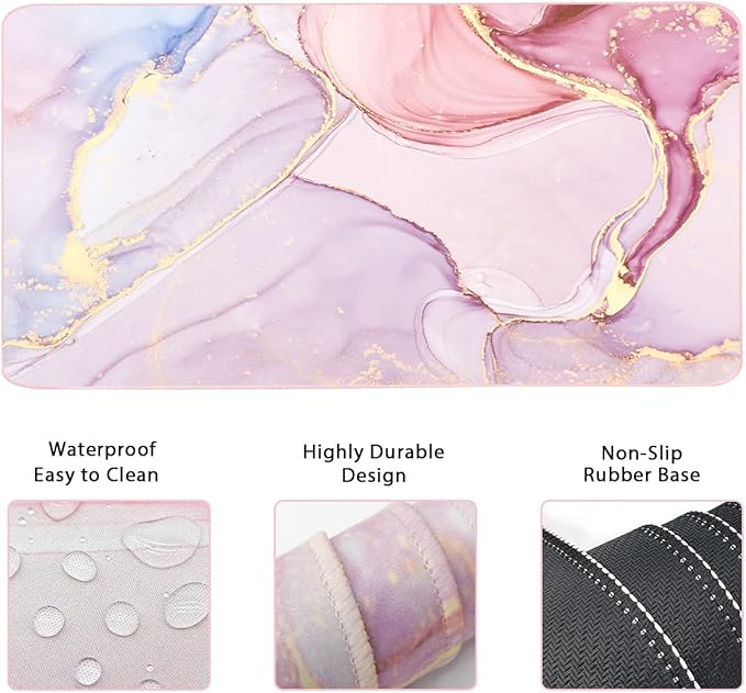 Keyboard Mouse Pad Set, Extended Mouse Pad+Keyboard Wrist Rest Support, Memory Foam Ergonomic Easy Typing, 3Pcs (35.4×15.7 in) Desk Pad Set for Home Office Study Game- Pink Marble