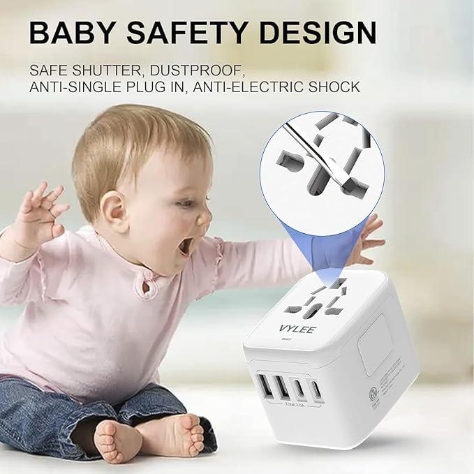 Universal International Power Travel Plug Adapter, 5 in 1 European Travel Plug Adapter W/ 3.5A 2xUSB-A and 2xUSB C Wall Charger and Worldwide AC Outlet for Europe USA UK AUS Asia