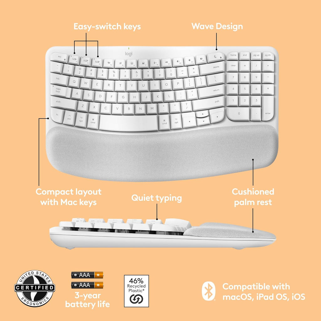 Logitech Wave Keys for Mac, Wireless Ergonomic Keyboard with Cushioned Palm Rest, Comfortable Natural Typing, Bluetooth Keyboard, Easy-Switch, Optimized for Mac, Apple, iPad - Off White