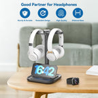 KDD Dual Headphone Stand for Desk - Rotatable Headset Hanger with Phone Holder - Removable Non-Slip Base for Gamers Desktop Accessories