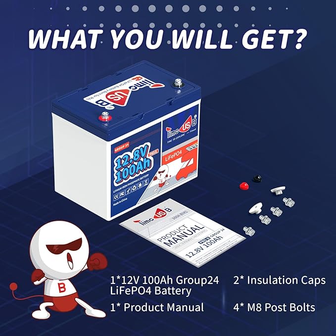 12V 100Ah Group24 Mini LiFePO4 Battery, Grade A Battery Cells, Drop-in Replacement for Lead Acid Battery, 100A BMS, Up to 15000 Cycles, Lithium Battery for RVs, Trolling Motor & Solar System