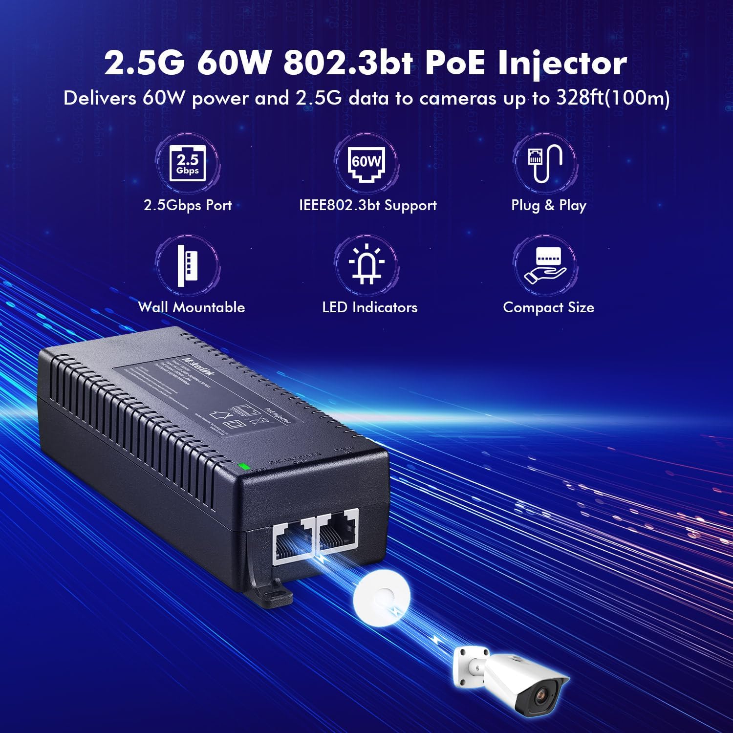 MokerLink 2.5 Gigabit PoE Injector, 802.3af/at/bt 60W, 2.5G/1G/100M Ethernet, Plug & Play, Non-PoE to PoE Adapter, Distance Up to 100 Meters (328 ft.)