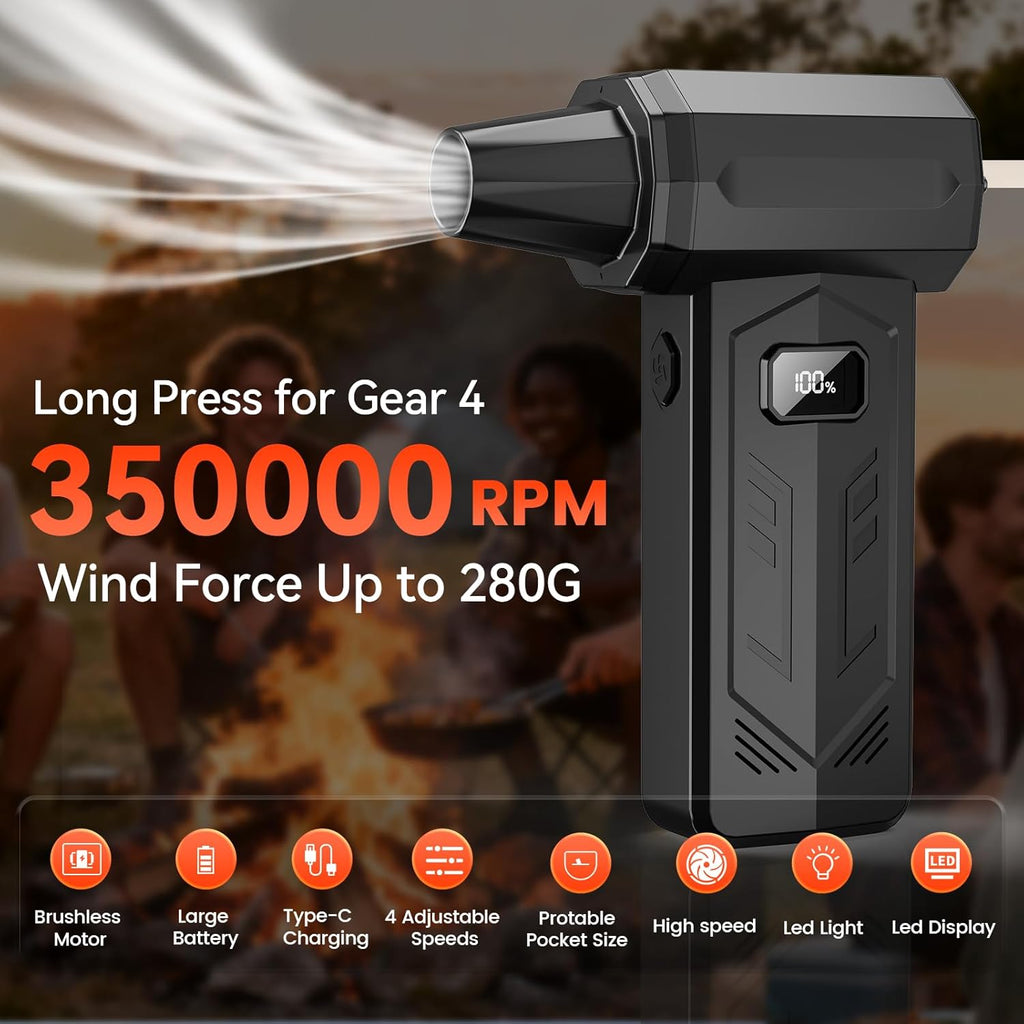 Compressed Air Duster,350,000RPM Turbo Jet Blower with LED Display and Light,4-Gear Adjustable Mini Air Broom,Electric Air Duster for Keyboard,PC,Car and Home,Replace Compressed Air Can (Black)