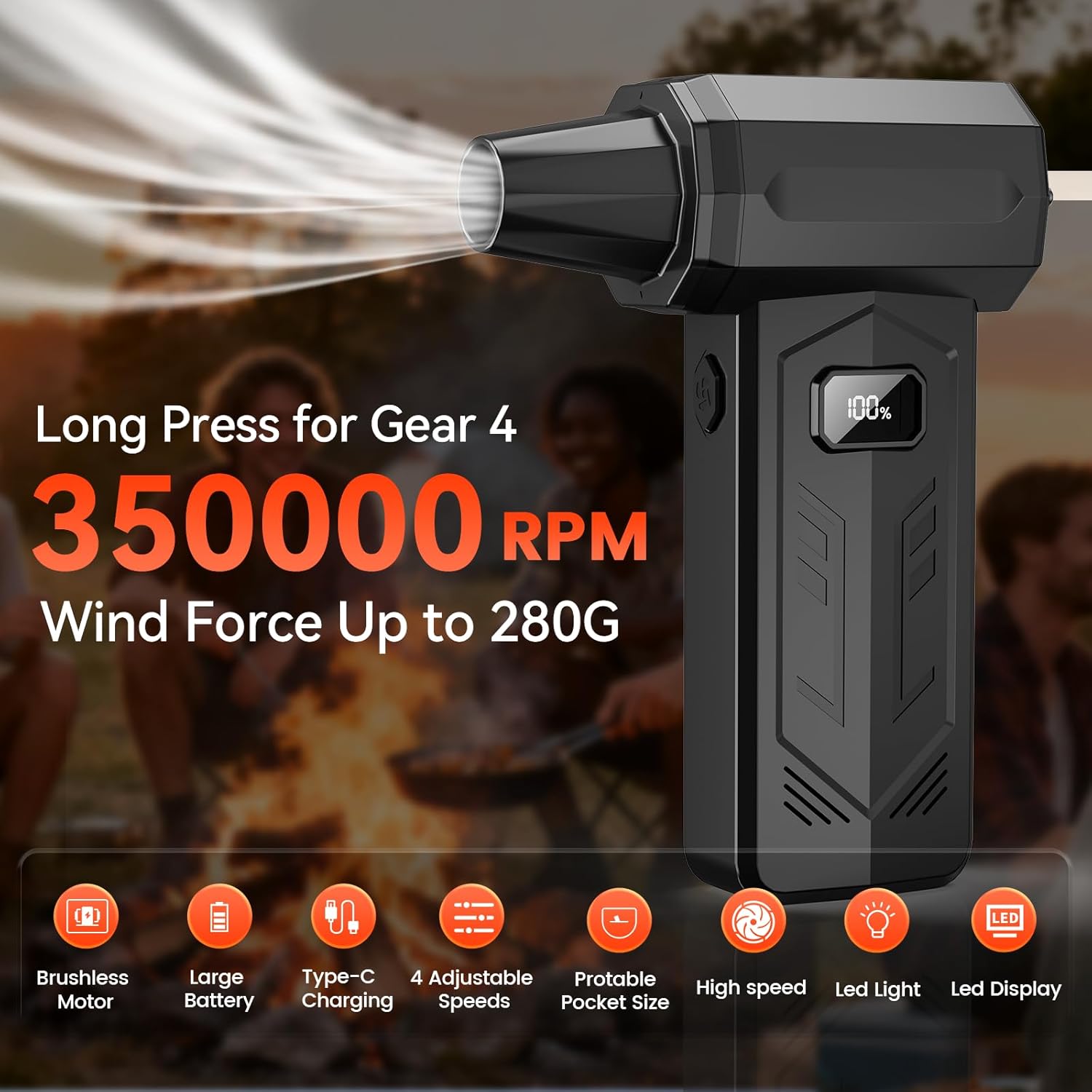 Compressed Air Duster,350,000RPM Turbo Jet Blower with LED Display and Light,4-Gear Adjustable Mini Air Broom,Electric Air Duster for Keyboard,PC,Car and Home,Replace Compressed Air Can (Black)