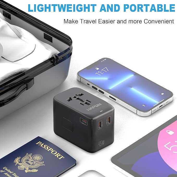 Universal Travel Adapter, GaN 45W International Power Adapter, 3 USB-C & 1 USB-A Fast Charging Travel Charger, All in One Worldwide Travel Plug Adapter, Outlet Adapter for Europe UK USA AU