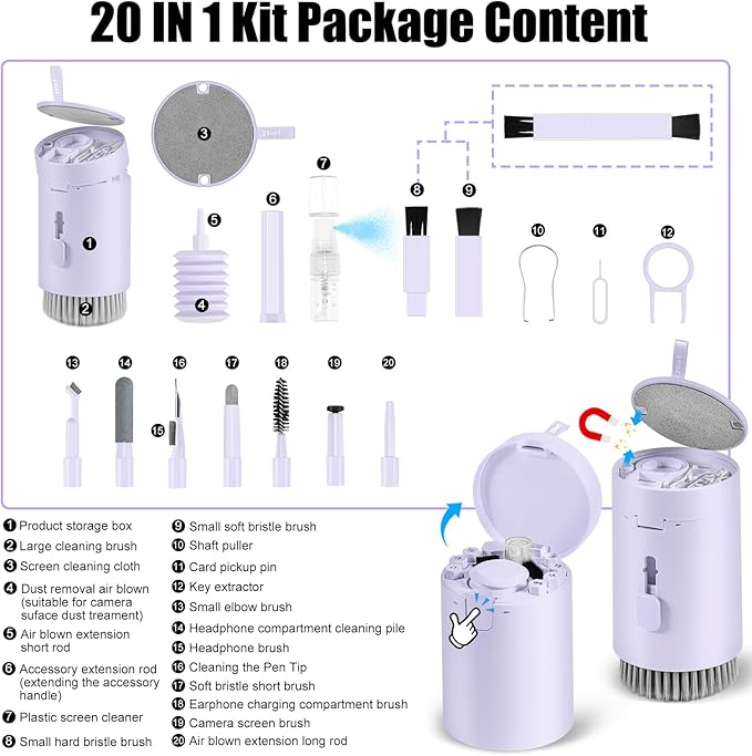 Laptop Phone Screen Cleaner Kit, Computer Keyboard Brush Cleaning Spray for iPhone AirPods Macbook iPad, 20-in-1 Electronic Device Clean Tool For Camera PC Monitor Earbud TV Tablet Car Screens- Purple