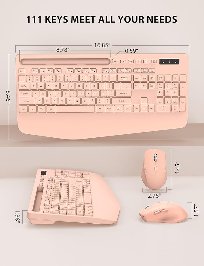 Trueque Wireless Keyboard and Mouse Combo - Full-Sized Ergonomic Keyboard with Wrist Rest, Phone Holder, Sleep Mode, Silent 2.4GHz Cordless Keyboards Mice Set for Computer, Laptop, PC, Windows (Pink)