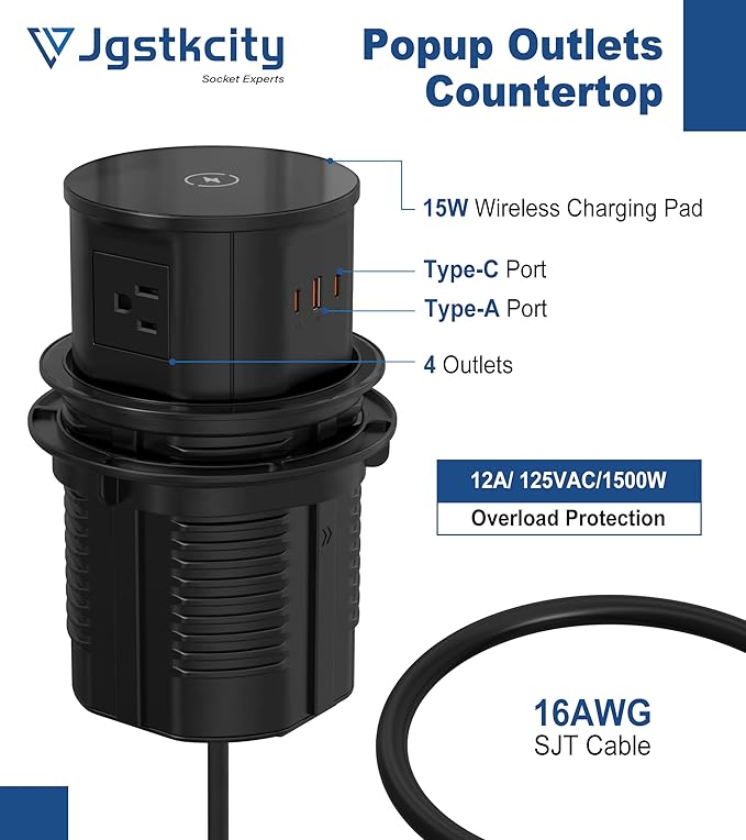 Pop up Outlet for Countertop with Wireless Charger,45W USB C Port, 4.7'' Diameter Round Pop Up Counter Outlet with AC Outlets,USB Ports,Hidden Outlet,Pop Out Outlet