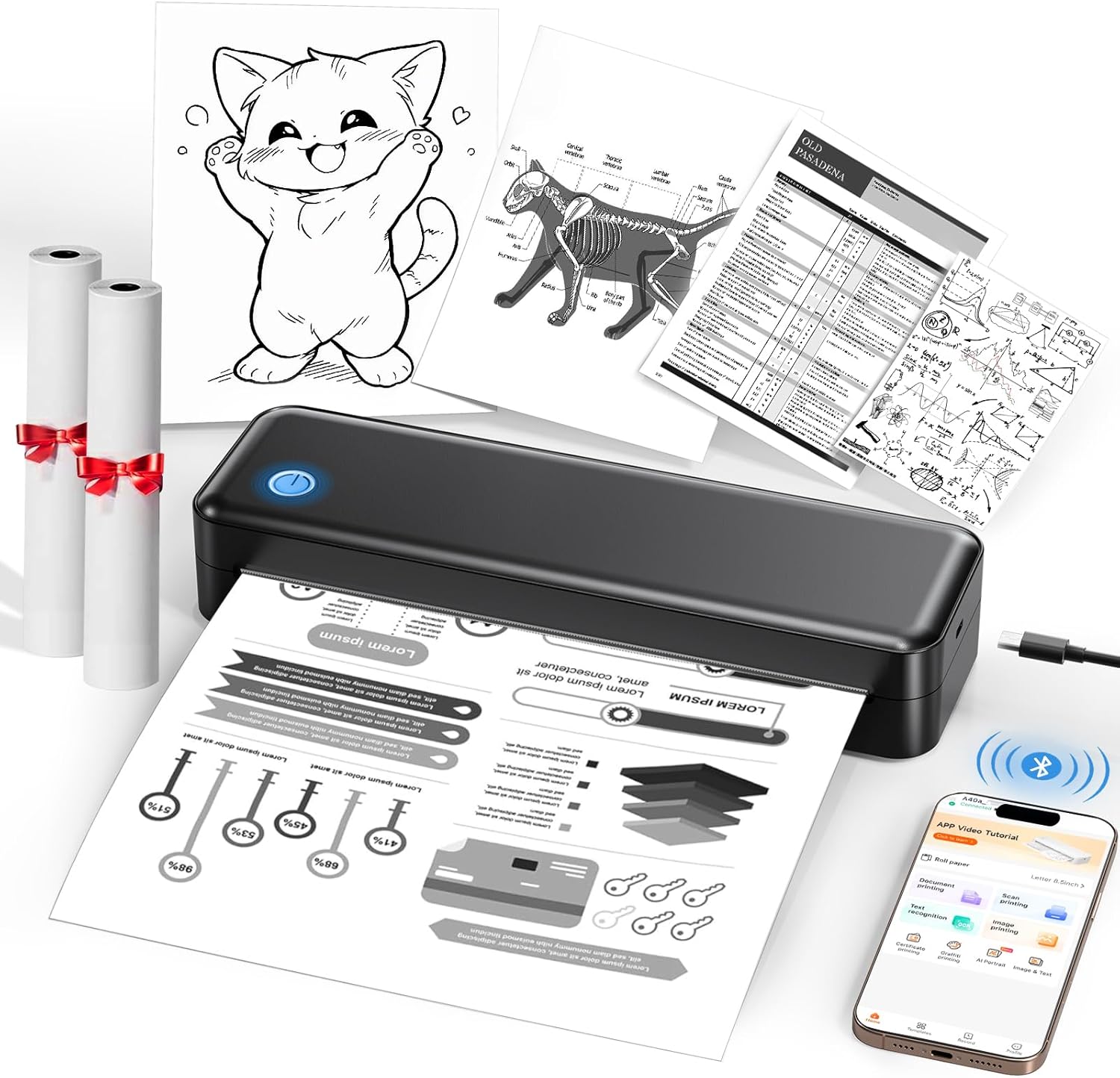 Portable Printer Wireless for Travel, Inkless Thermal Printer Supports 8.5 x 11 Inch Thermal Paper, Bluetooth Compatible with iOS, Android, Laptop Includes 2 Rolls & 10 Sheets of Paper Kit