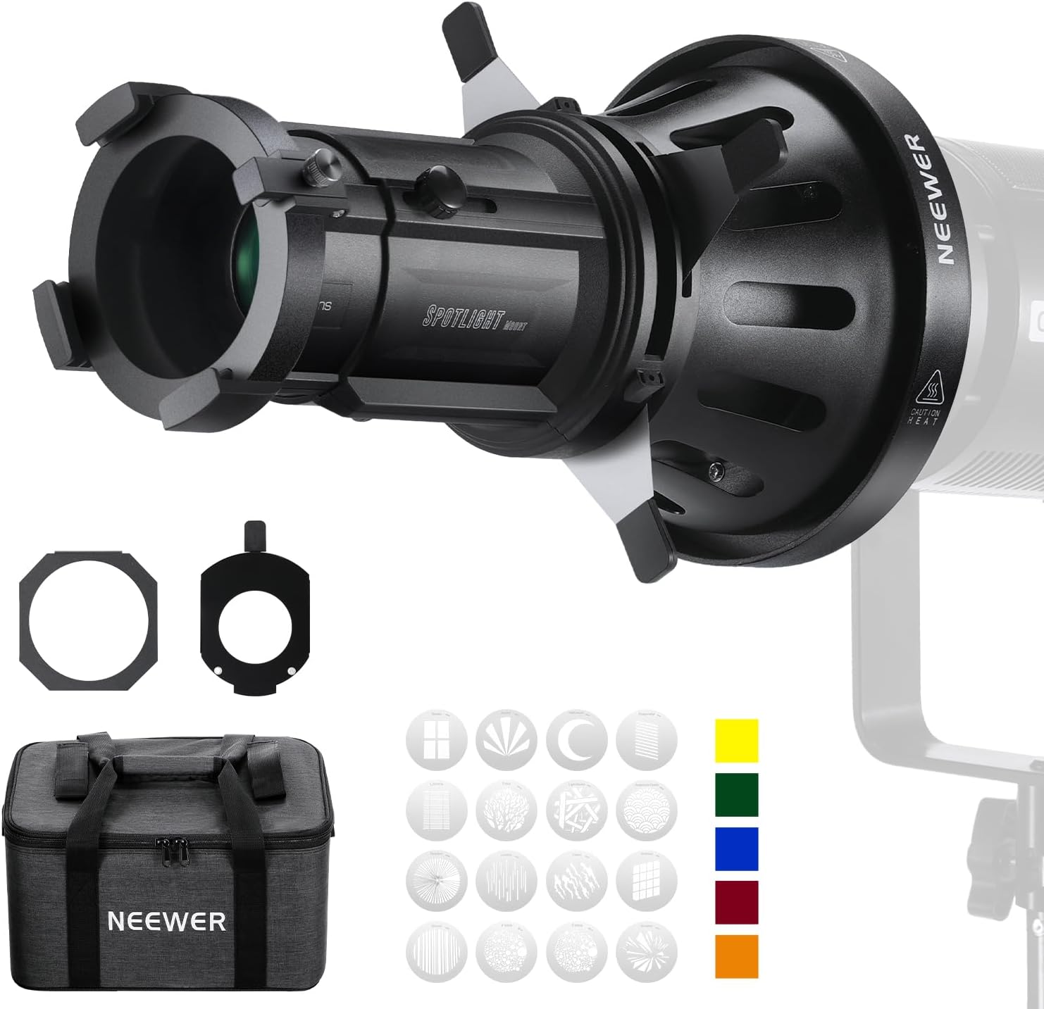 NEEWER Spotlight Snoot with 40° Projection Lens, Adjustable Focus, 16 Metal Gobos 5 Color Gels, Bag, Conical Snoot for Bowens Mount LED Continuous Output Lighting Studio Video Light Up to 300W, LS-38