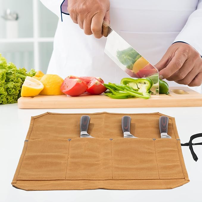 Knife Roll Bags, 16oz Waxed Canvas Knife Holder (4 Slots & Specialized Anti Cutting Fabric), Multi-Purpose Knife Pouch with Tie Rope, Khaki