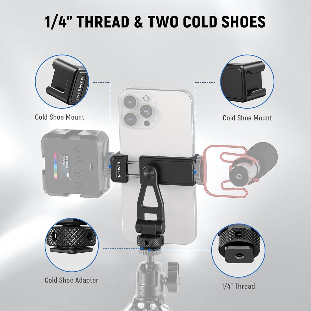 Neewer Metal Phone Tripod Mount with Cold Shoes, 1/4" Thread, 180° Tilt, 360° Rotation, Adjustable Phone Clamp Metal Phone Holder Compatible with iPhone 16 15 Pro Max S24 Ultra Camera Cage, GA010
