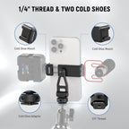 Neewer Metal Phone Tripod Mount with Cold Shoes, 1/4" Thread, 180° Tilt, 360° Rotation, Adjustable Phone Clamp Metal Phone Holder Compatible with iPhone 16 15 Pro Max S24 Ultra Camera Cage, GA010