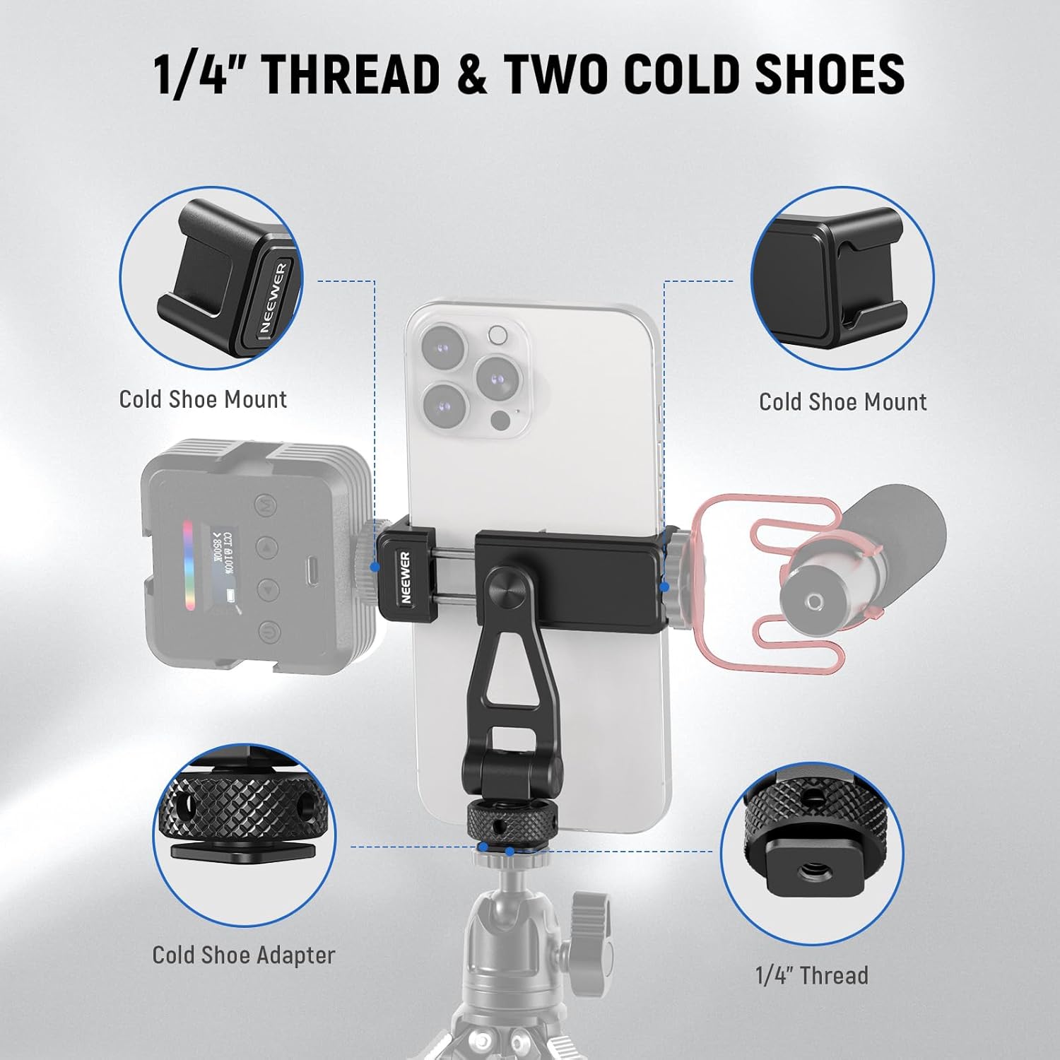 Neewer Metal Phone Tripod Mount with Cold Shoes, 1/4" Thread, 180° Tilt, 360° Rotation, Adjustable Phone Clamp Metal Phone Holder Compatible with iPhone 16 15 Pro Max S24 Ultra Camera Cage, GA010