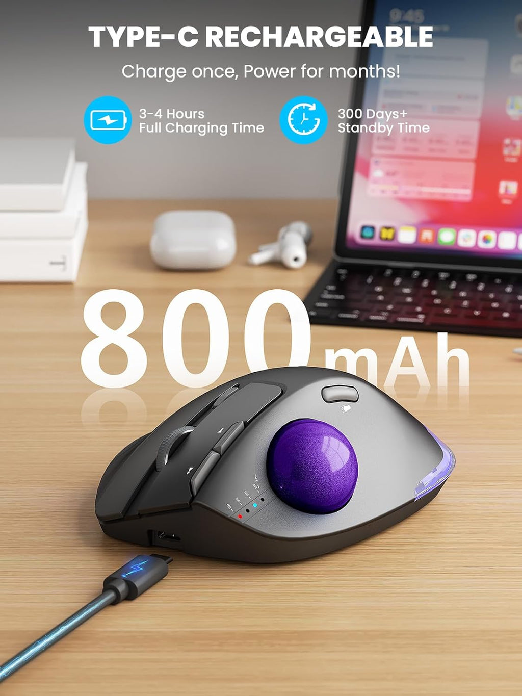 Wireless Trackball Mouse, Ergonomic Bluetooth Rechargeable Computer Mouse, Backlit Rollerball Thumb Laptop mice with 5 Level DPI, Adjustable Angle, 3 Devices Connection for PC, Windows - Purple Ball