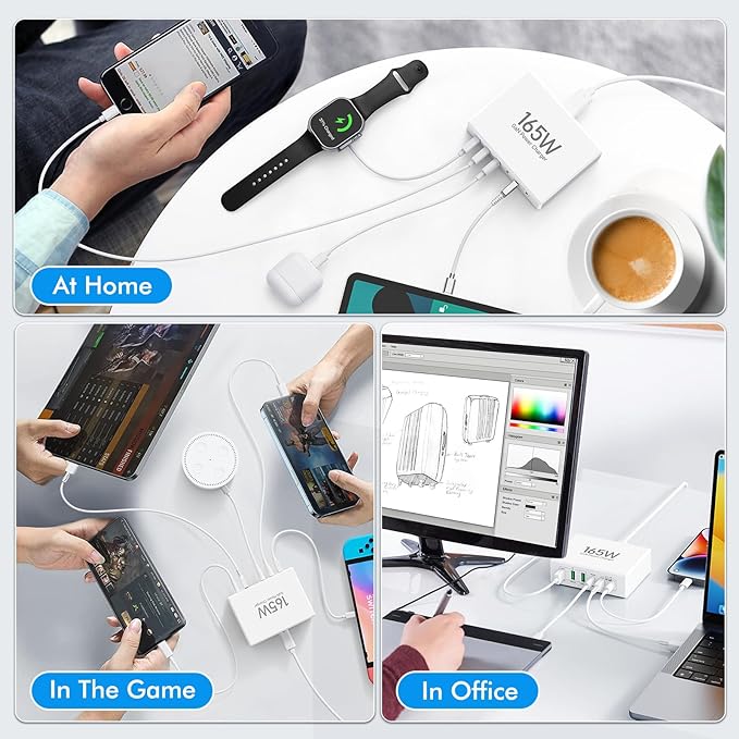 165W USB C Charging Station Hub, 6 Port PD GaN Fast Wall Charger Block Type C Laptop Power Adapter Charger Cube Brick for MacBook Pro/Air,iPad Pro,iPhone16 15 14 13 12, AirPods4，watch10 ultra2