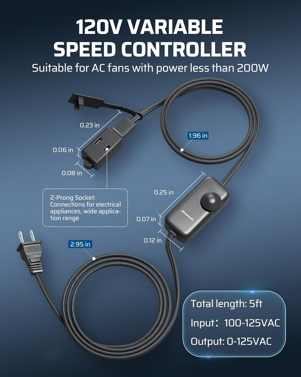 DEWENWILS 120V AC Muffin Fan, 120mm×38mm Exhaust Fan, Waterproof Case Cooling Fan with Speed Control, UL-Certified for DIY Cooling Exhaust Ventilation Needs, Flame-Resistant, 2 Pack