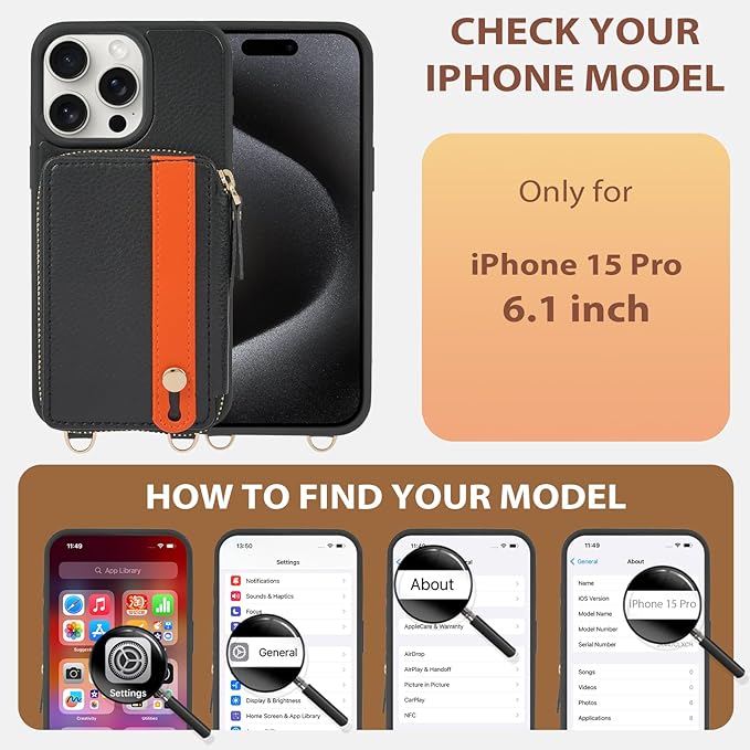 LAMEEKU for iPhone 15 Pro Wallet Case with Card Holder, Zipper Leather Crossbody Case with Kickstand Wrist Strap Lanyard for Women, Protective Cover with Phone Grip Holder Stand 5G 6.1 inch Black