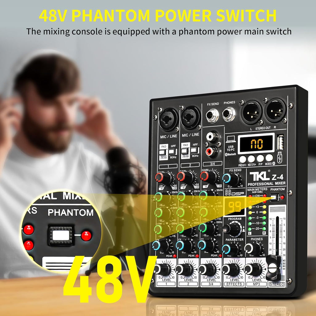 4 Channel Audio Mixer, Professional DJ Mixer Sound Board Mixing Console with 99-Bit DSP Effect, Bluetooth USB Interface Stereo Mixer Board with 48V Phantom Power For Recording Live Stream