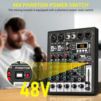 4 Channel Audio Mixer, Professional DJ Mixer Sound Board Mixing Console with 99-Bit DSP Effect, Bluetooth USB Interface Stereo Mixer Board with 48V Phantom Power For Recording Live Stream