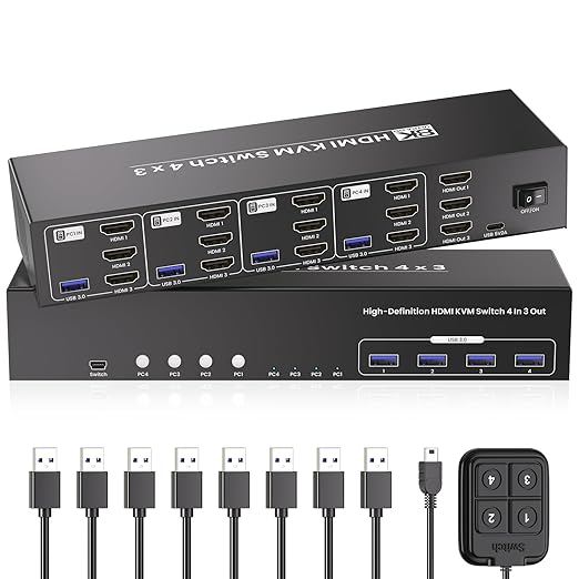 USB 3.0 HDMI KVM Switch 3 Monitors 4 Computers with 4 Port USB 3.0 Hub, 8K@60HZ 4K@120Hz 4 Port HDMI KVM Switch for 4 PCs Share 1 Set of Keyboard, Mouse and 3 Monitors