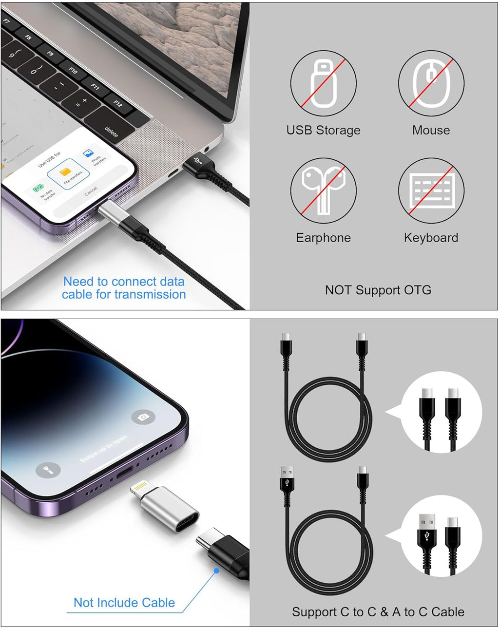 USB C to Lightning Adapter, 4 Pack Fast Charging Data Sync Lightning to USB Type C Cable Adapter for iPhone 14/13/12/11/X/XR Pro Series, iPad, AirPods and Anti-Lost Loop – Not for Audio/OTG