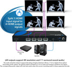 OREI 8K HDMI Splitter 1 in 4 Out, 1 x 4 Duplicate/Mirro Screen with Audio Extractor UltraHD Supports Upto 4K @ 120Hz IR EDID HDCP 2.3 for PS5, Xbox, NVIDIA (BK-104A)