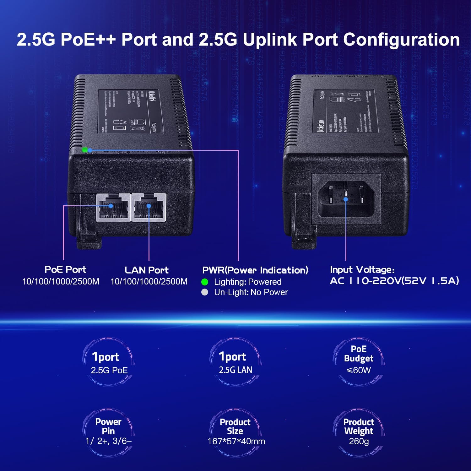 MokerLink 2.5 Gigabit PoE Injector, 802.3af/at/bt 60W, 2.5G/1G/100M Ethernet, Plug & Play, Non-PoE to PoE Adapter, Distance Up to 100 Meters (328 ft.)