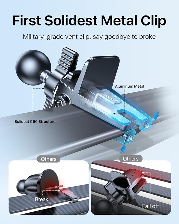 andobil Phone Holders for Your Car - Air Vent Phone Mount, Ultra-Stable Metal Clip with Anti-Shake & 360° Rotation, Universal Car Mount Fit iPhone 16/15/14/13/12 Pro Max/Android/Samsung Galaxy