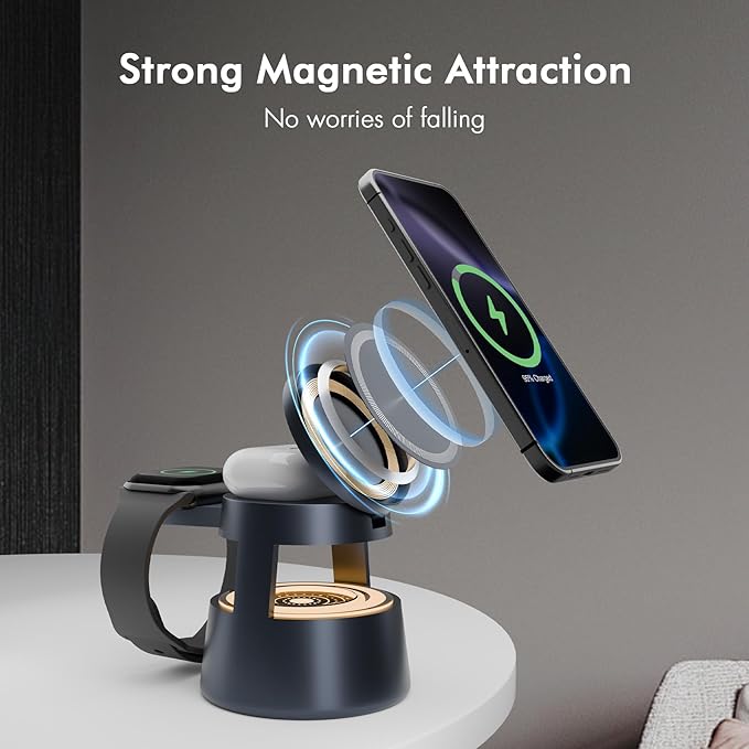 Wireless Charging Station for Magsafe: 4 in 1 Fast Charger Stand 15W with Mushroom Light for iPhone 16e 16 15 14 13 12 Pro Max - for Apple Watch Ultra and AirPods Series - Nightstand Bedside (Black)