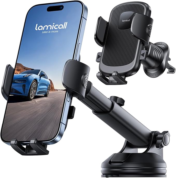 Lamicall Car Phone Holder Mount [3-in-1 Military-Grade Suction Cup] 360° Rotation Phone Holders for Your Car [Metal Hook] Cell Phone Car Mount Dashboard Vent Windshield for iPhone 16 All Smartphone