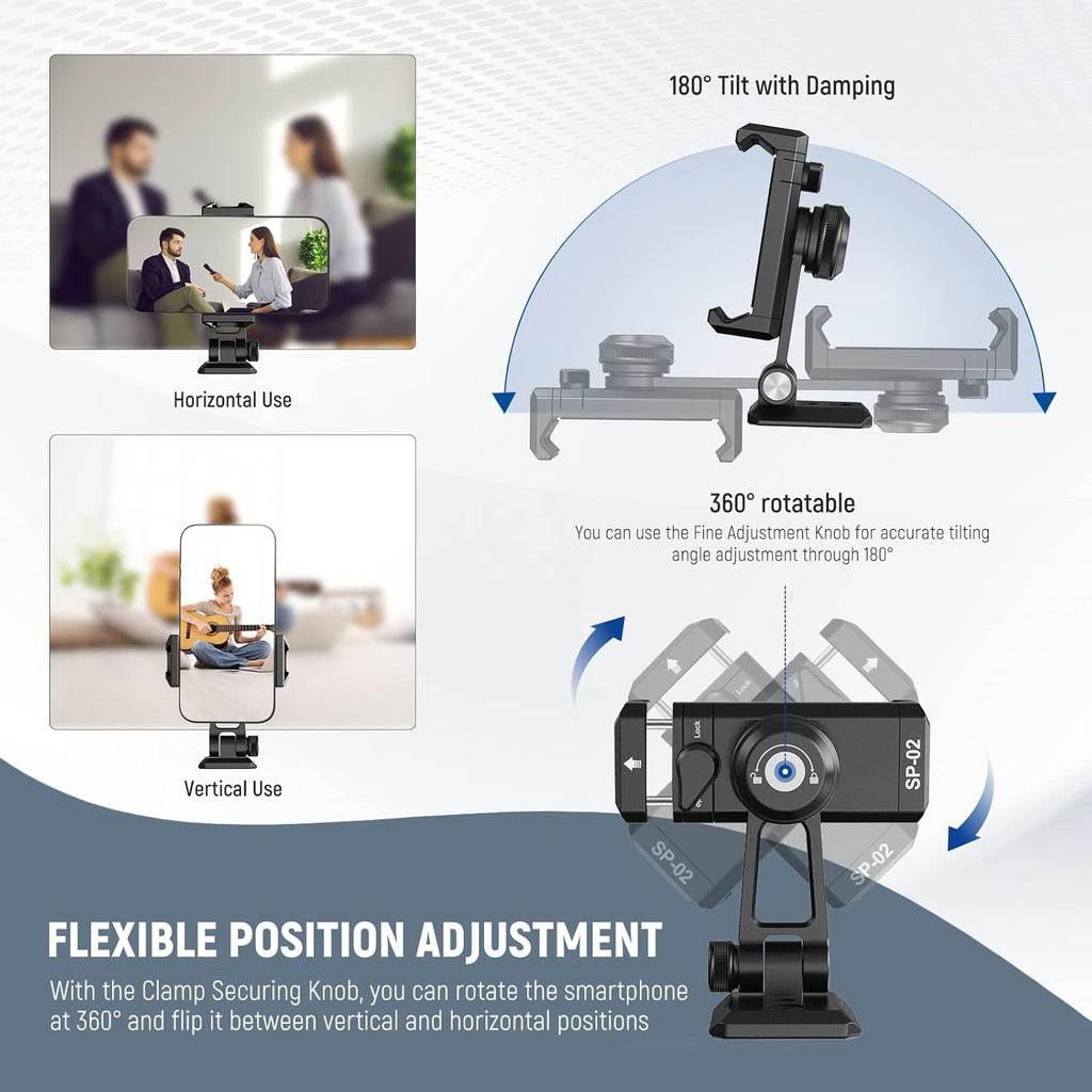 NEEWER Metal Phone Tripod Mount Adapter with Arca QR Base, Cold Shoe, 360° Swivel 180° Tilt, Phone Holder Compatible with iPhone 15 Pro Max Galaxy S24