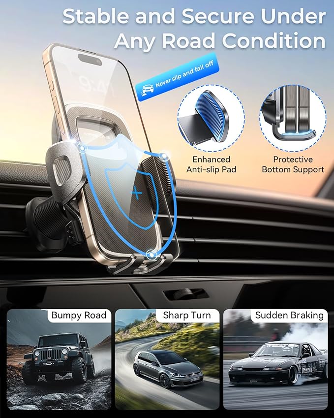 MRGLAS 2025 Upgraded Phone Holders for Your Car with New Metal Hook Clip, Handy Air Vent Cell Phone Car Mount [One Hand Operation], Universal Automobile Cradle for iPhone Android and All Smartphones