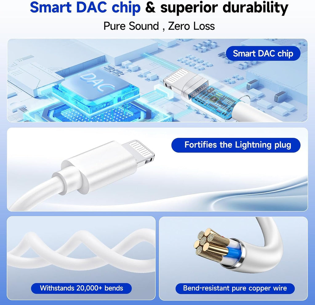 [Apple MFi Certified] 2-in-1 Charging & Audio Adapter for iPhone, Lightning to 3.5mm Headphone Jack Dongle Splitter, Supports Hi-Res Lossless Sound, Compatible with iPhone 14/13/12/11/XS/XR/8/7 10Pack