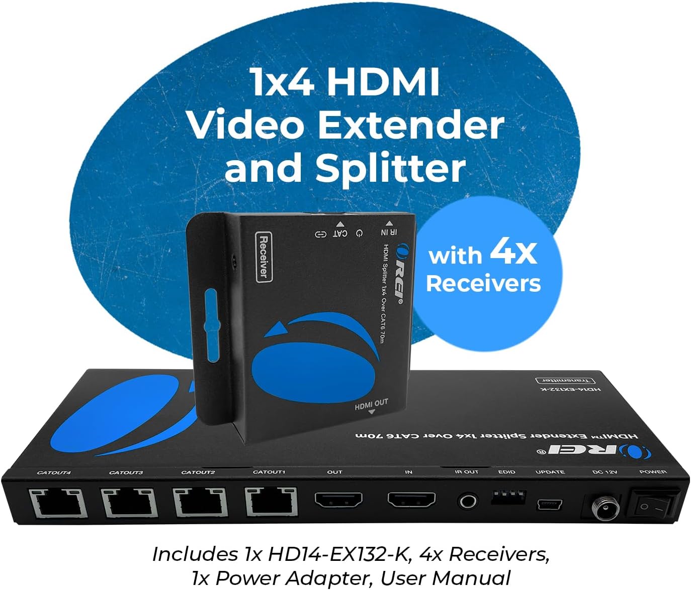 OREI 1x4 HDMI Extender Splitter Multiple Over Single Cable CAT6/7 1080P with IR Remote EDID Management - Up to 165 Ft - Loop Out - Low Latency - Full Support