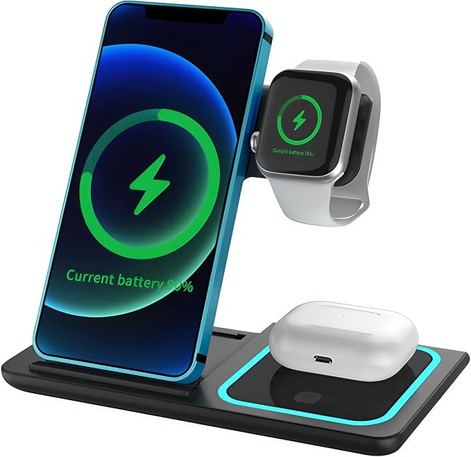 2025 Traveling Portable Wireless 3-in-1 Charger for iPhone 16/15/14/13/12/11, Apple Watch 10/9/8/7/6/5/4/3/2/SE/Ultra/Ultra 2, AirPods 2/3/4/Pro – Compact & Stylish Black Dock.
