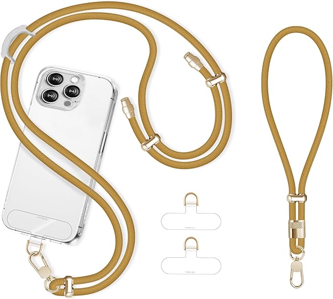 Cell Phone Lanyard Adjustable Crossbody Phone Lanyard *1 Phone Wrist Strap *1 with Deluxe Gold Matal Buckle + Clear Tether Tabs *2 for Shopping Travelling Hiking(Yellow)